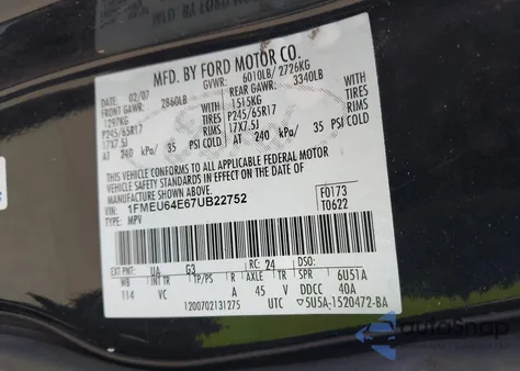 2007 Ford Explorer Eddie Bauer from USA, damaged, VIN 1FMEU64E67UB22752